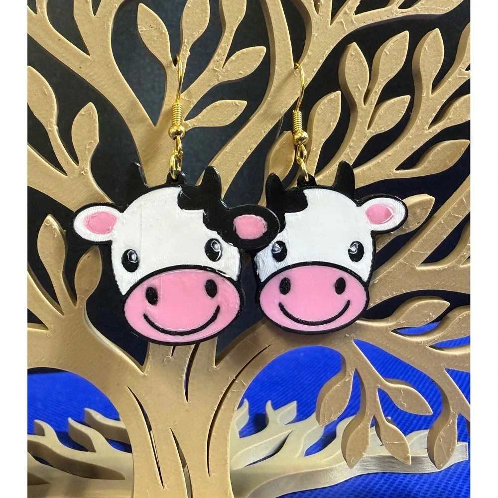 Cow‎ Face Dangle Earrings Black White Pink Farm Animal Novelty Jewelry